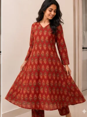 red cotton kurta pant set for women