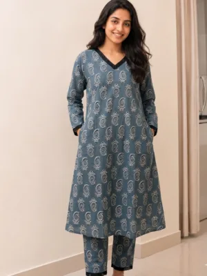 Black cotton kurta pant set for women