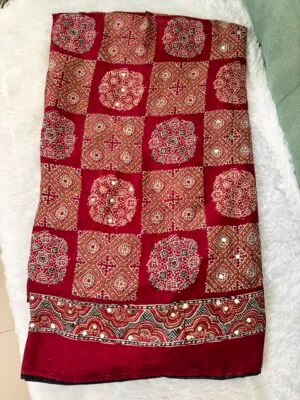 Ajrakh mirror work maroon saree