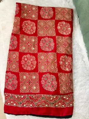 Ajrakh mirror work red saree