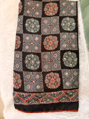 Ajrakh mirror work black saree