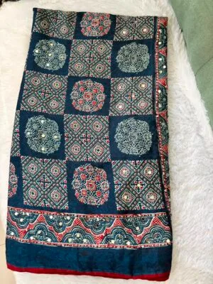 Ajrakh mirror work blue saree